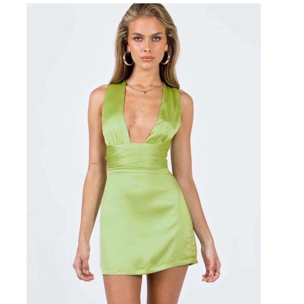 Princess Polly Lime Green Satin Halter Mini Dress